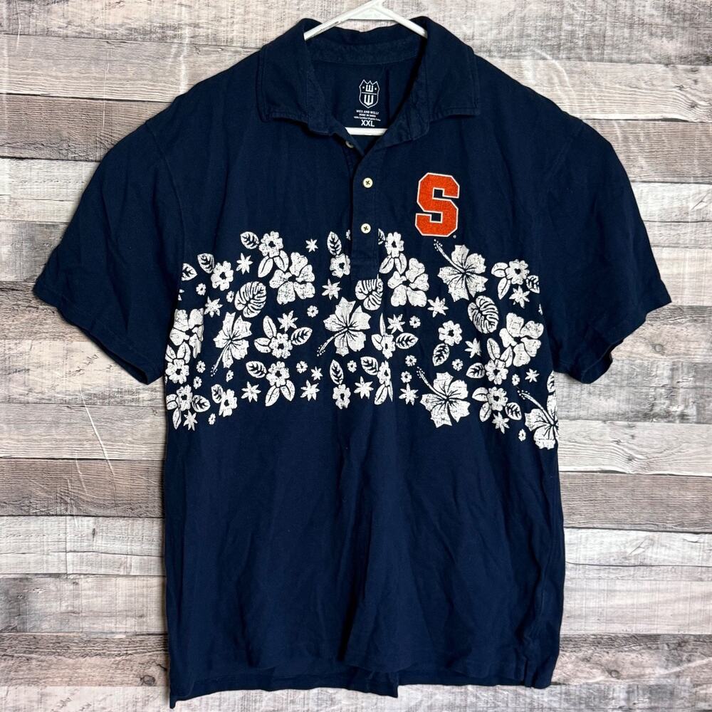 Wes & Willy Hawaiian Floral Syracuse Orange Polo Shirt Mens 2XL Navy Football